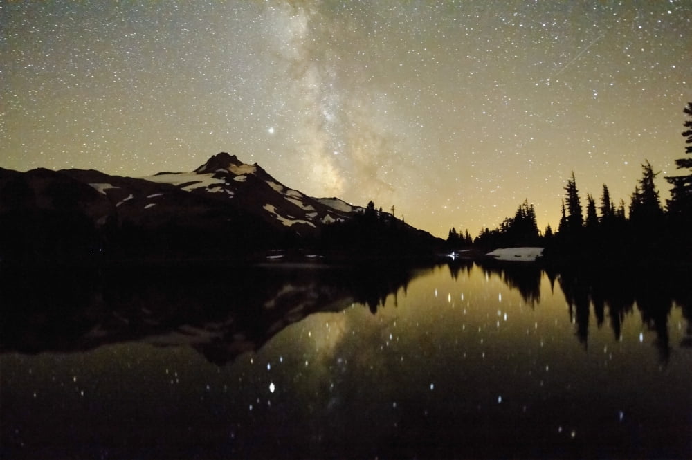 Oregon United States Of America Milky Way Over Mt Jefferson Reflected In Russell Lake Canvas Art - Dan Sherwood Design Pics (19 x 12)