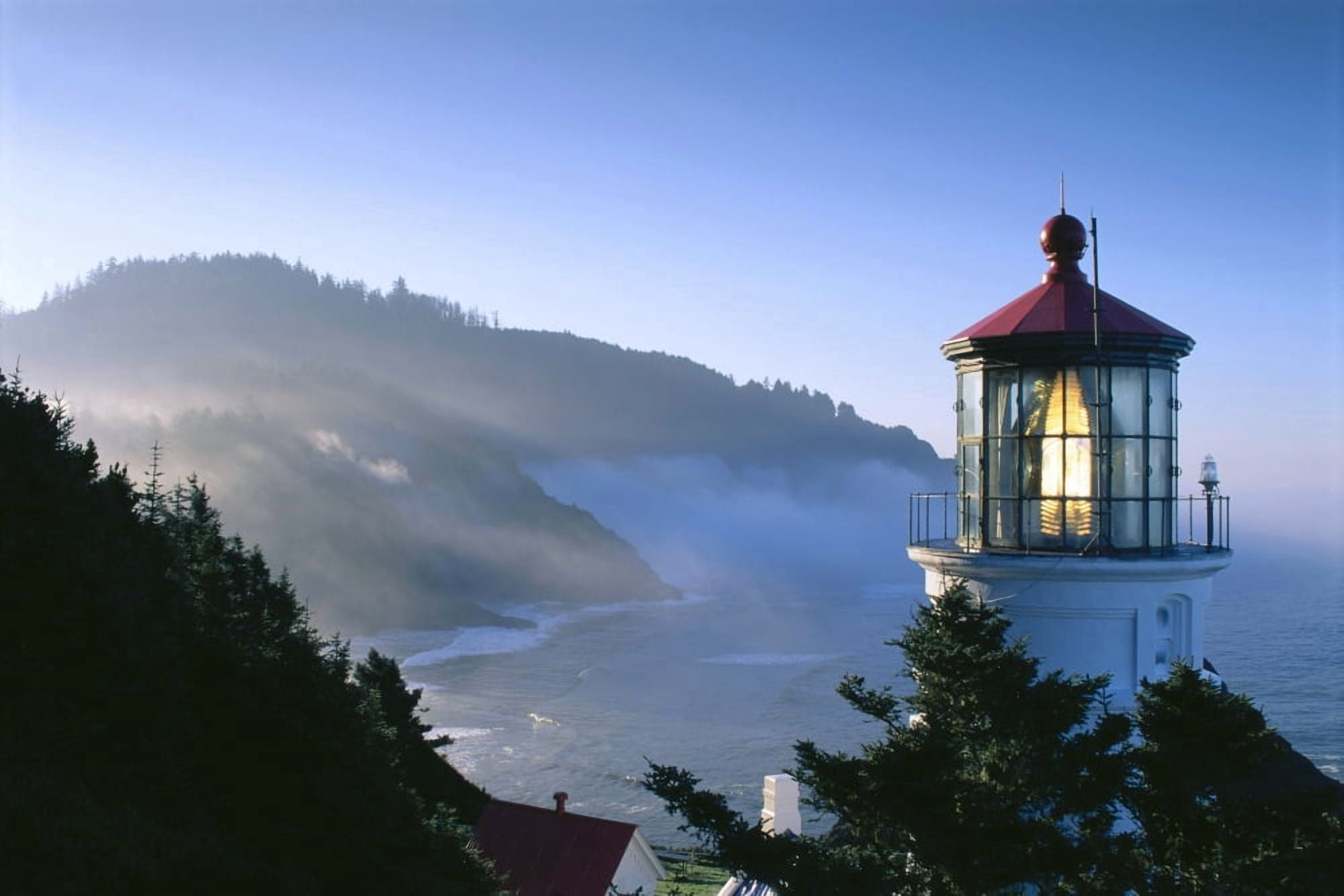 Oregon View Of Heceta Head Lighthouse Early Morning Sun Tree Covered Mountains Canvas Art - Greg Vaughn Design Pics (38 x 24)