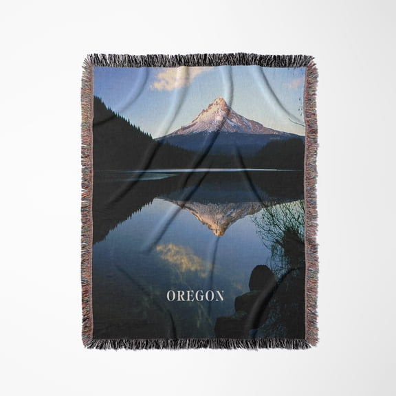 Oregons Lake Trillum Reflecting Mt Hood, Woven Blanket