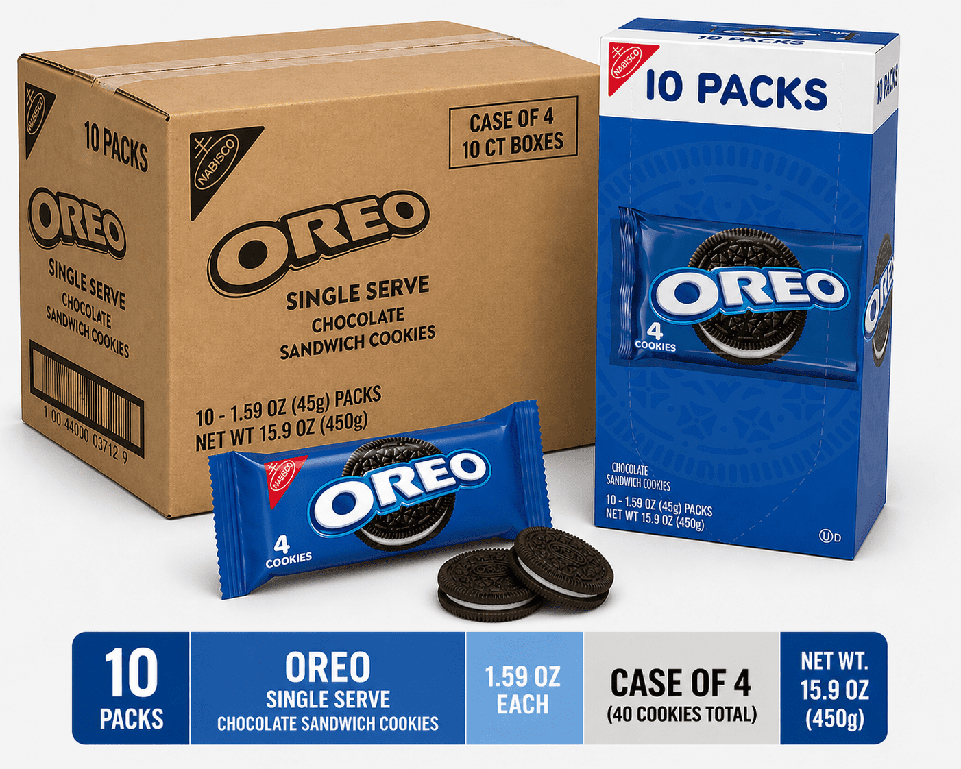 Oreo Chocolate Sandwich Cookies Snack Packs, 10 Count (1.59 oz Each) x 4 Boxes, 40 Packs Total, 63.6 oz Bulk Case