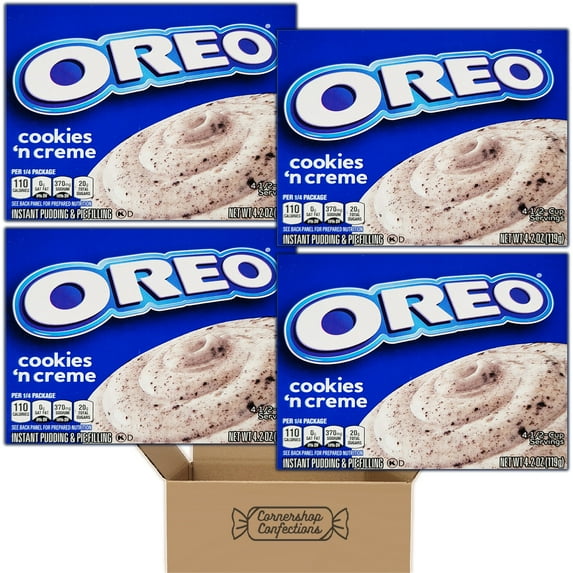 Oreo Cookies 'N Creme Instant Pudding and Pie Filling Bundle Pack - 4 Individually Sealed 4.2oz Boxes - Eat As Pudding or Use to Make Delicious Desserts in Cornershop Confections Pack