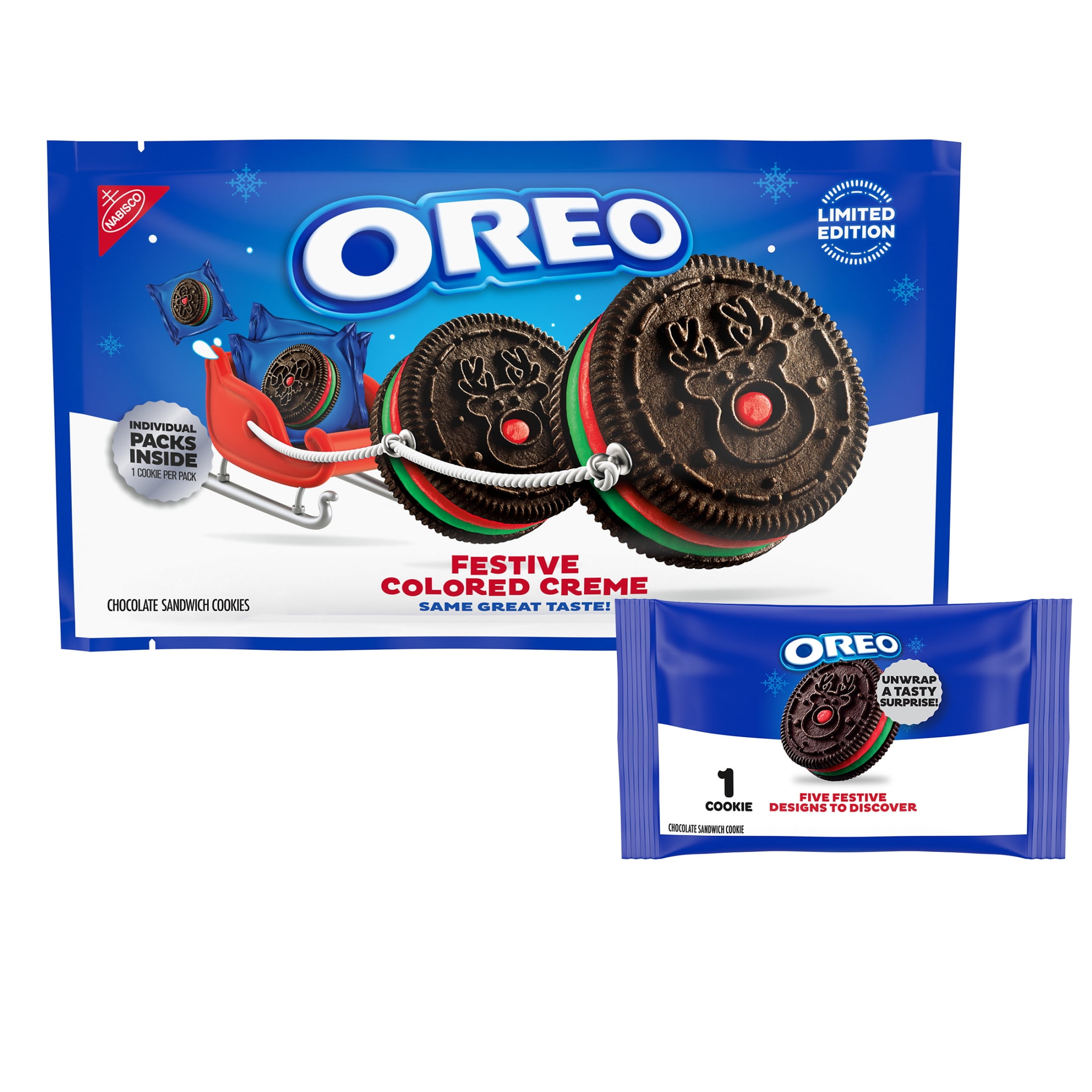 Oreo Red and Green Festive Creme Chocolate Sandwich Cookies, Holiday Cookies, 14 Snack Packs