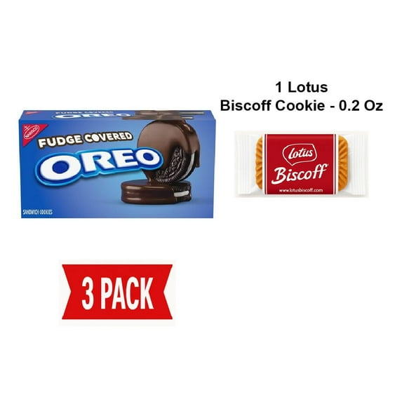 Oreo Fudge Covered Chocolate Sandwich Cookies, 7.9 Oz - Pack Of 3 & Lotus Biscoff Cookie - 0.2 Oz - 1 ct