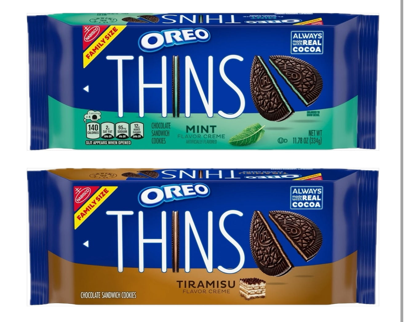 Oreo Thins Family Size Chocolate Sandwich Cookies, Tiramisu & Mint , 11.78 oz (2 Pack Combo)
