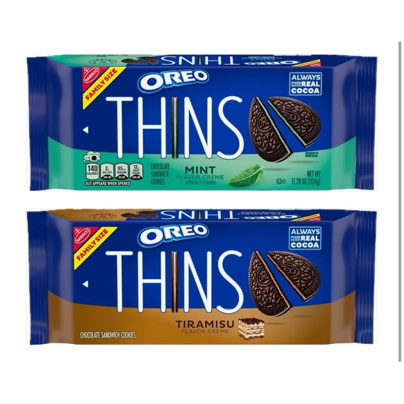 Oreo Thins Family Size Chocolate Sandwich Cookies, Tiramisu & Mint , 11.78 oz (2 Pack Combo)