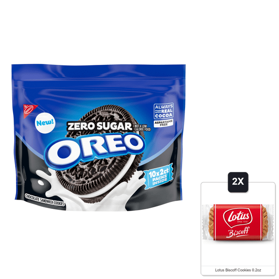 Oreo Zero Sugar Chocolate Sandwich Cookies, 10 Snack Packs (2 Cookies Per Pack) & 2x Lotus Biscoff Cookies 0.2oz