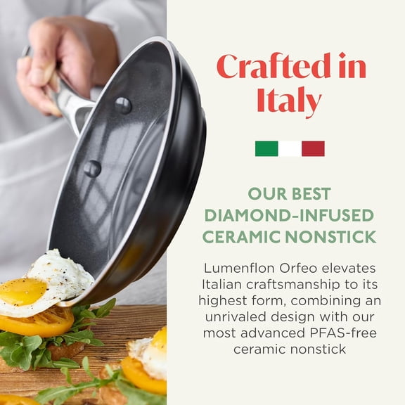 Orfeo 8 Inch Nonstick Frying Pan Skillet Made in Italy Diamond Ceramic PFAS-Free Induction Ready Scratch Resistant Laser-Fused Surface Dishwasher Safe Black