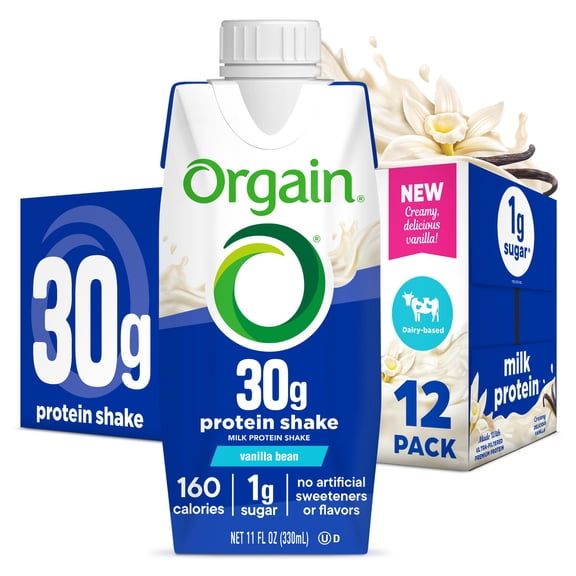 Orgain 30g Protein Shake, Dairy Based, Vanilla Bean 11oz, 12ct