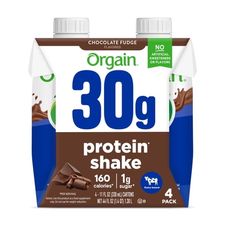 Orgain 30g Protein Shake, Dairy Based, Chocolate Fudge 11oz, 4ct