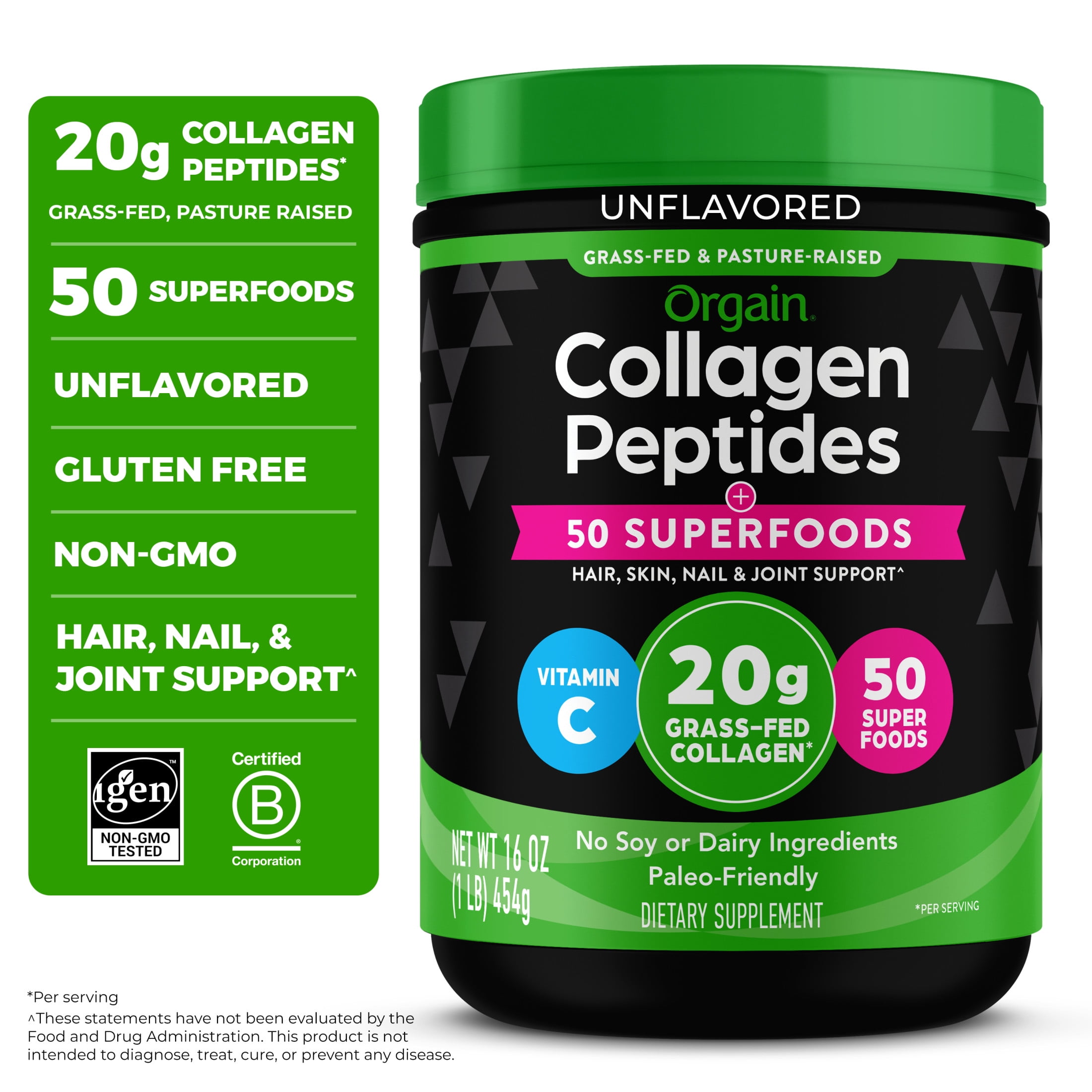 Orgain Grass-Fed 20g Collagen Peptides + 50 Organic Superfoods Powder, Type I & III, 1lb