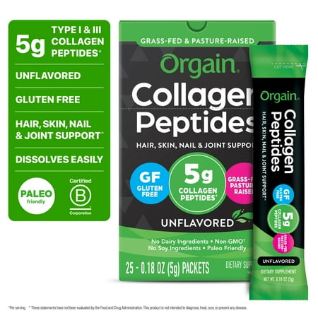 Orgain Grass-Fed 5g Collagen Peptides Powder – Unflavored, Single Serve Sticks, 25ct