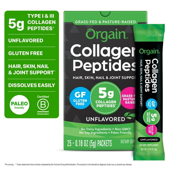 Orgain Grass-Fed 5g Collagen Peptides Powder Unflavored, Single Serve Sticks, 25ct