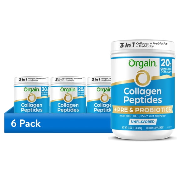 (6 pack) Orgain Grass-Fed & Pasture Raised Collagen Peptides + Prebiotic & 1 Billion CFU Probiotics, Unflavored, 1lb