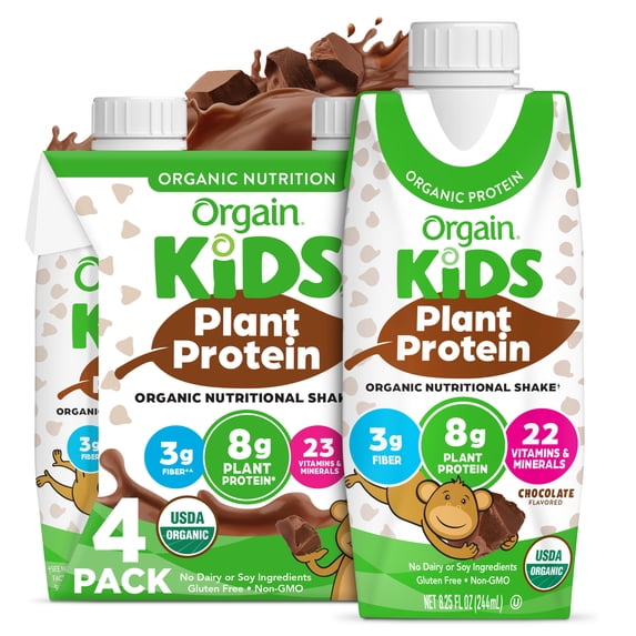 Orgain Organic Kids Vegan Nutritional Shake, 23 Vitamins & Minerals, Chocolate, 8 fl. oz, 4ct