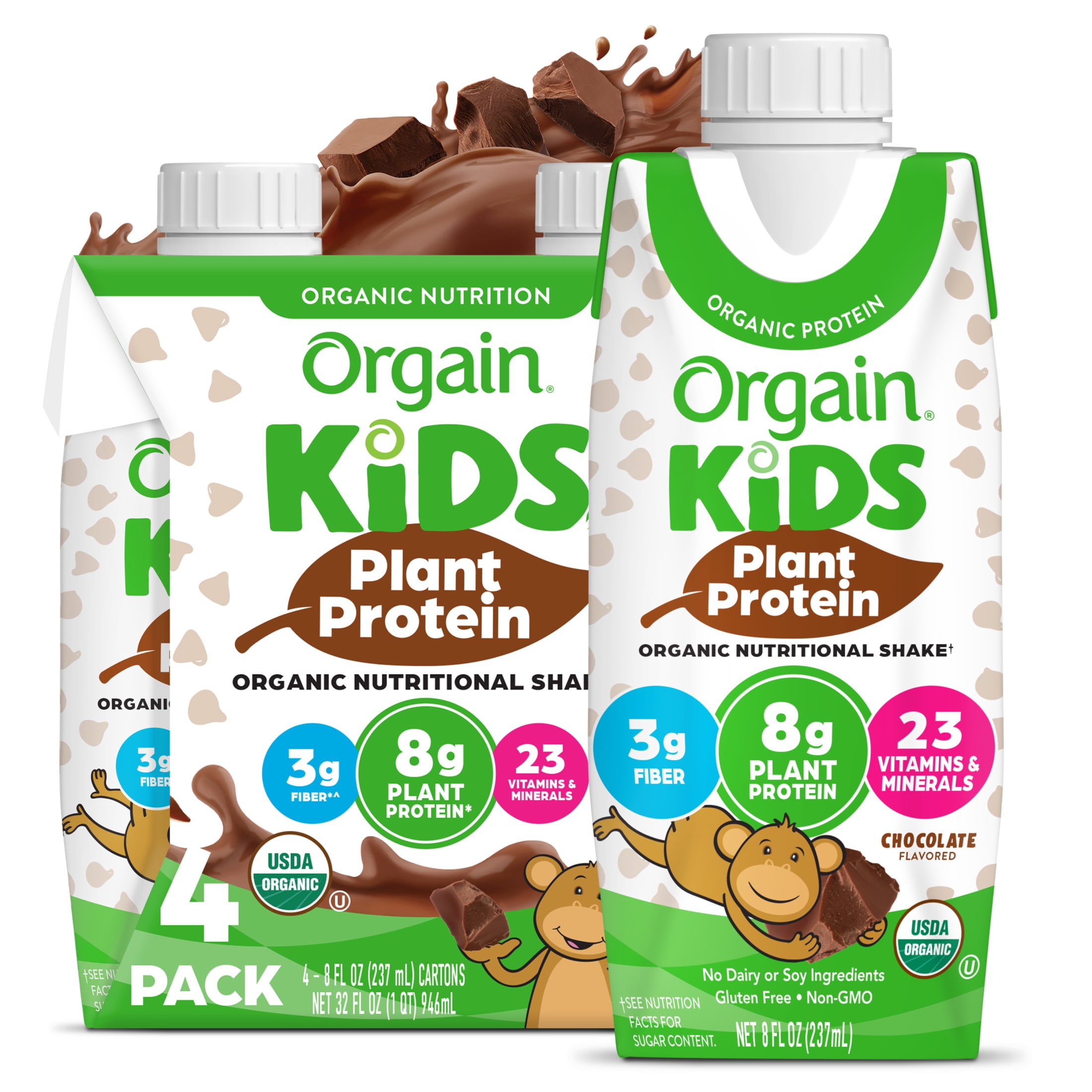 Orgain Organic Kids Nutritional Vegan Protein Shakes, Chocolate, 8 Fl Oz, Pack of 4
