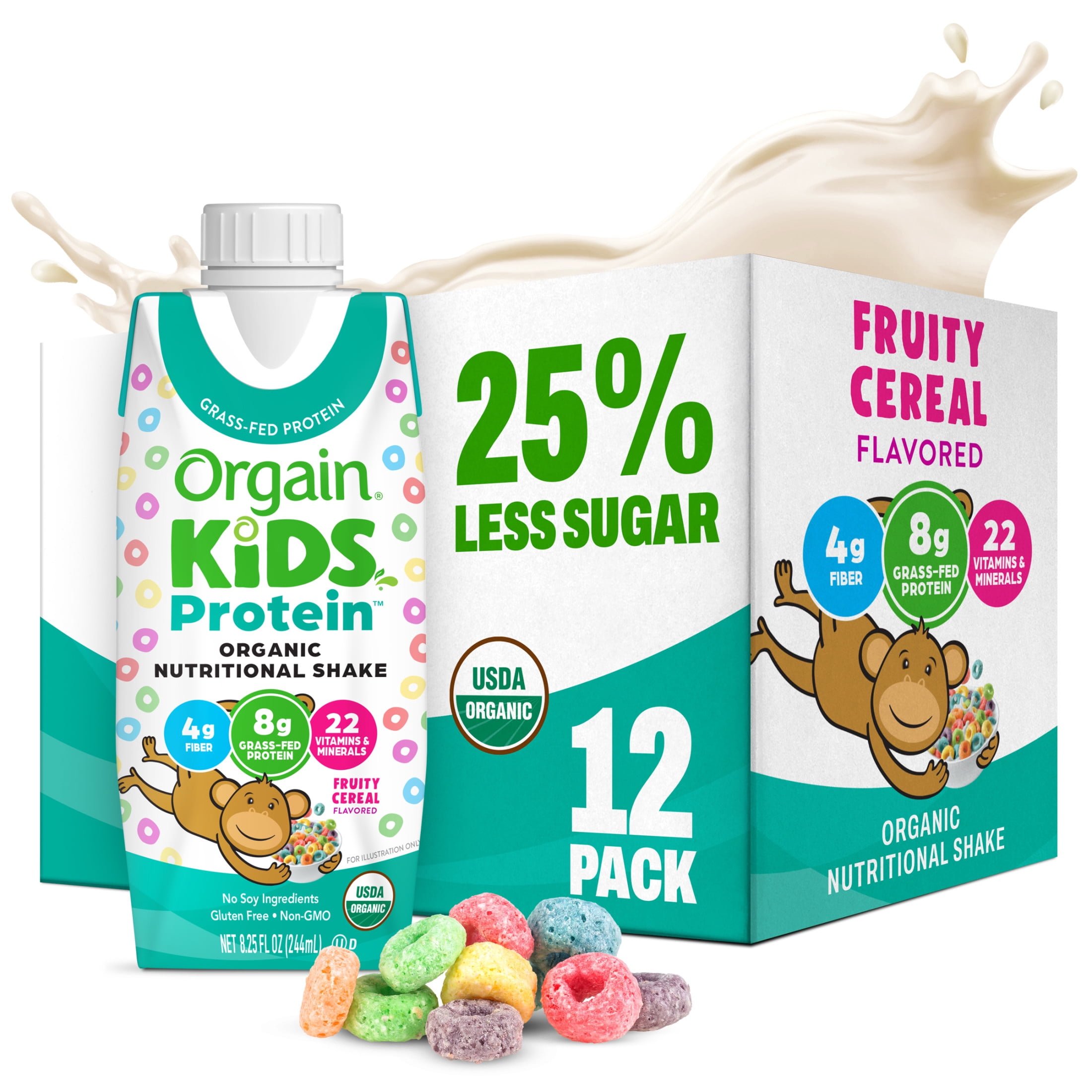 Orgain Organic Kids Nutritional Dairy Protein Shakes, Fruity Cereal, 8.25 Fl Oz, Pack of 12