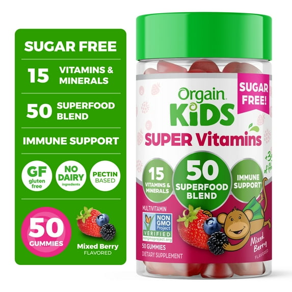 Orgain Kids Super Gummy Multivitamin Gummies, Children's Immune Support with Vitamins B12, C, D, E, & Zinc, Sugar Free, Mixed Berry, 50 ct