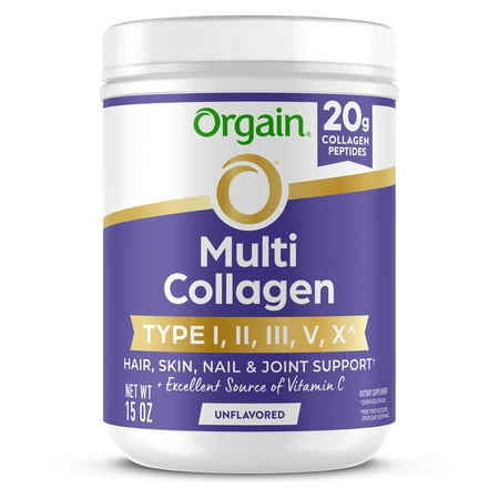 Orgain Multi Collagen Powder, Types I, II, III, V & X with Vitamin C, Unflavored, 21 servings, 15 oz