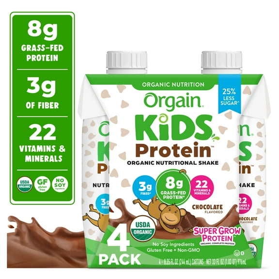 Orgain Organic Kids 8g Protein Nutritional Shake Drink, 22 Vitamins & Minerals Including A, B, C, and D, Chocolate, 4ct
