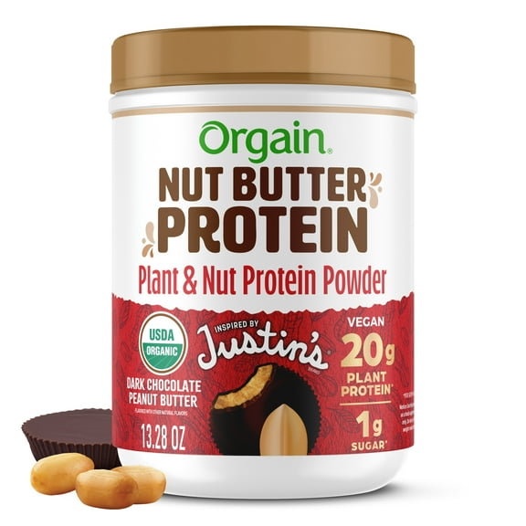 Orgain X JUSTINS Organic Plant & Nut Butter 20g Vegan Protein Powder, Dark Chocolate Peanut Butter 13.28oz