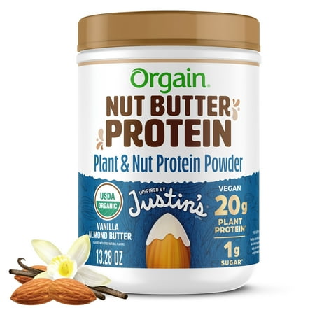 Orgain X JUSTIN’S® Organic Plant & Nut Butter 20g Vegan Protein Powder, Vanilla Almond Butter 13.28oz