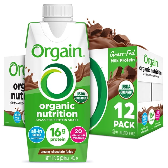 Orgain Organic Nutrition Shake, Grass Fed Protein, Creamy Chocolate Fudge 11oz, 12ct