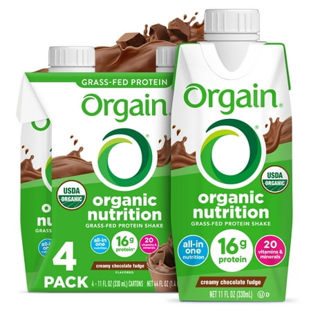 Orgain Organic Nutrition Shake, Grass Fed Protein, Creamy Chocolate Fudge 11oz, 4ct