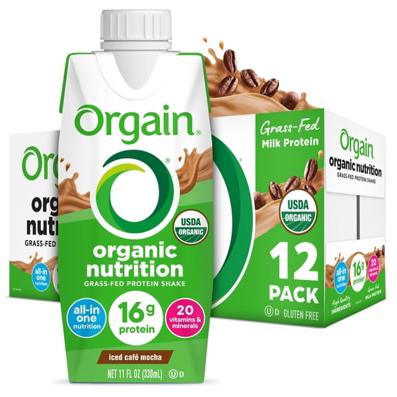 Orgain Organic Nutrition Shake, Grass Fed Protein, Iced Caf Mocha 11oz, 12ct