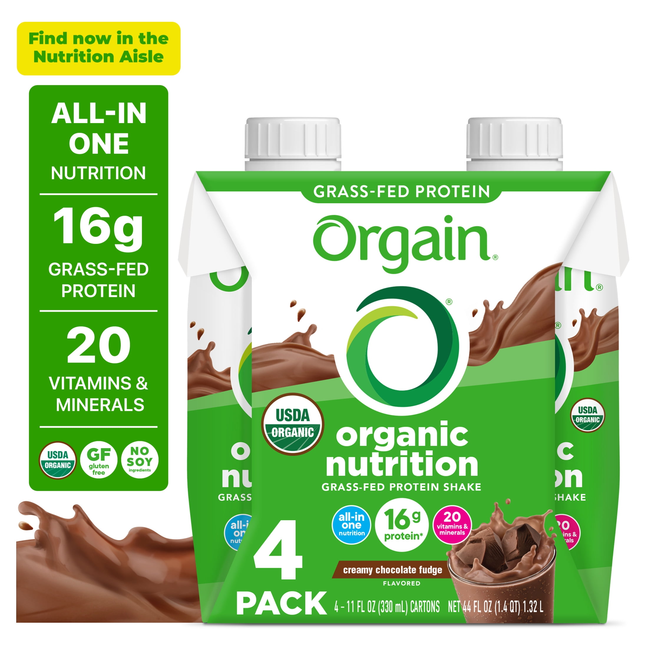 Orgain Organic Nutritional 16g Grass Fed Protein Shake Drink, Creamy Chocolate Fudge 11oz, 4ct
