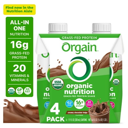 Orgain Organic Nutritional 16g Grass Fed Protein Shake Drink, Creamy Chocolate Fudge 11oz, 4ct