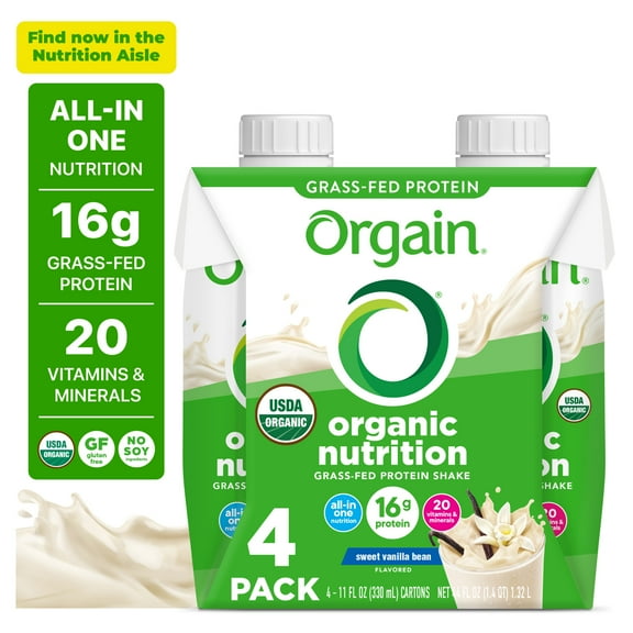 Orgain Organic Nutritional 16g Grass Fed Protein Shake Drink, Vanilla Bean 11oz, 4ct