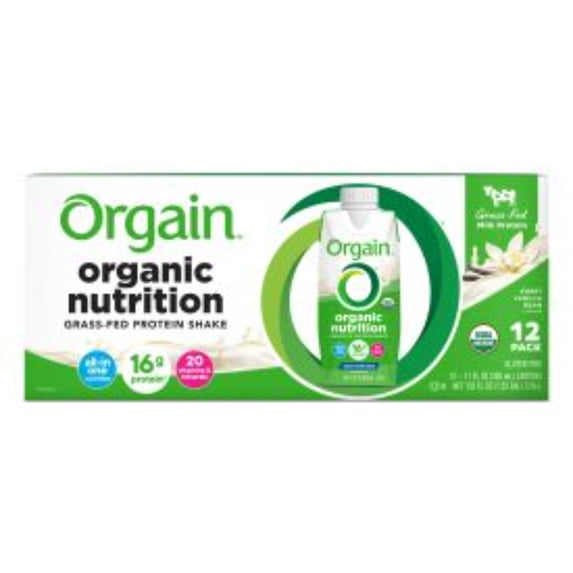 Orgain Organic Nutrition Shake, Grass Fed Protein, Vanilla Bean 11oz, 12ct