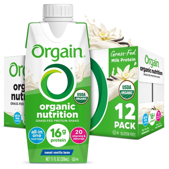 Orgain Organic Nutrition Shake, Grass Fed Protein, Vanilla Bean 11oz, 12ct