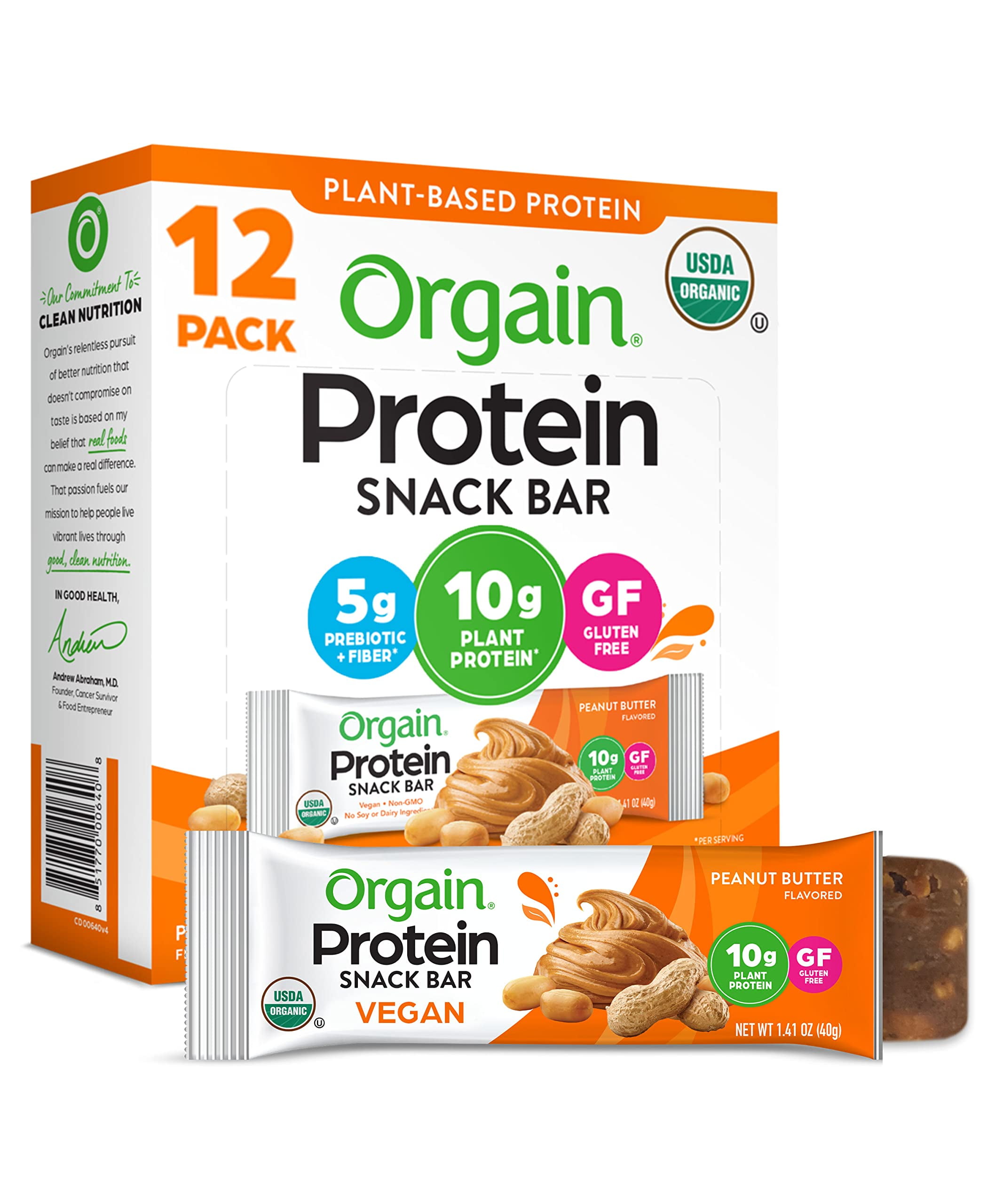 Orgain Organic Plant Based Protein Bar, Peanut Butter 10G Of Protein