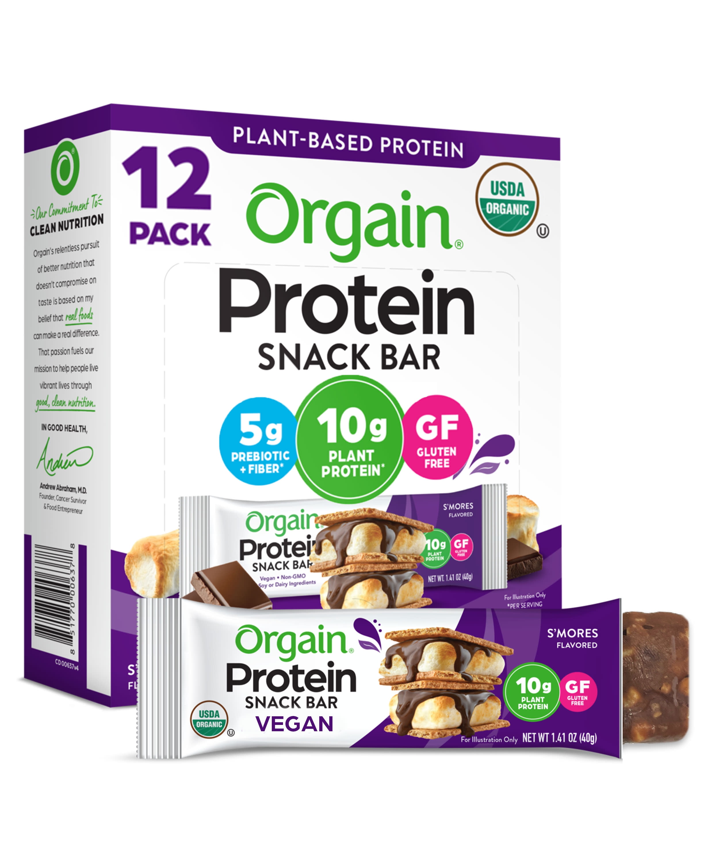Orgain Organic Plant Based Protein Snack Bar S’mores, 16.9oz, 12ct