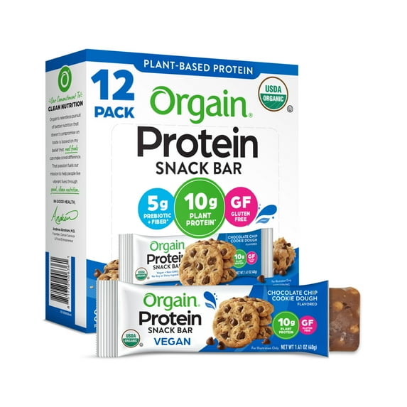Orgain Organic Plant Based Protein Snack Bars, Chocolate Chip Cookie Dough, 16.9oz, 12ct
