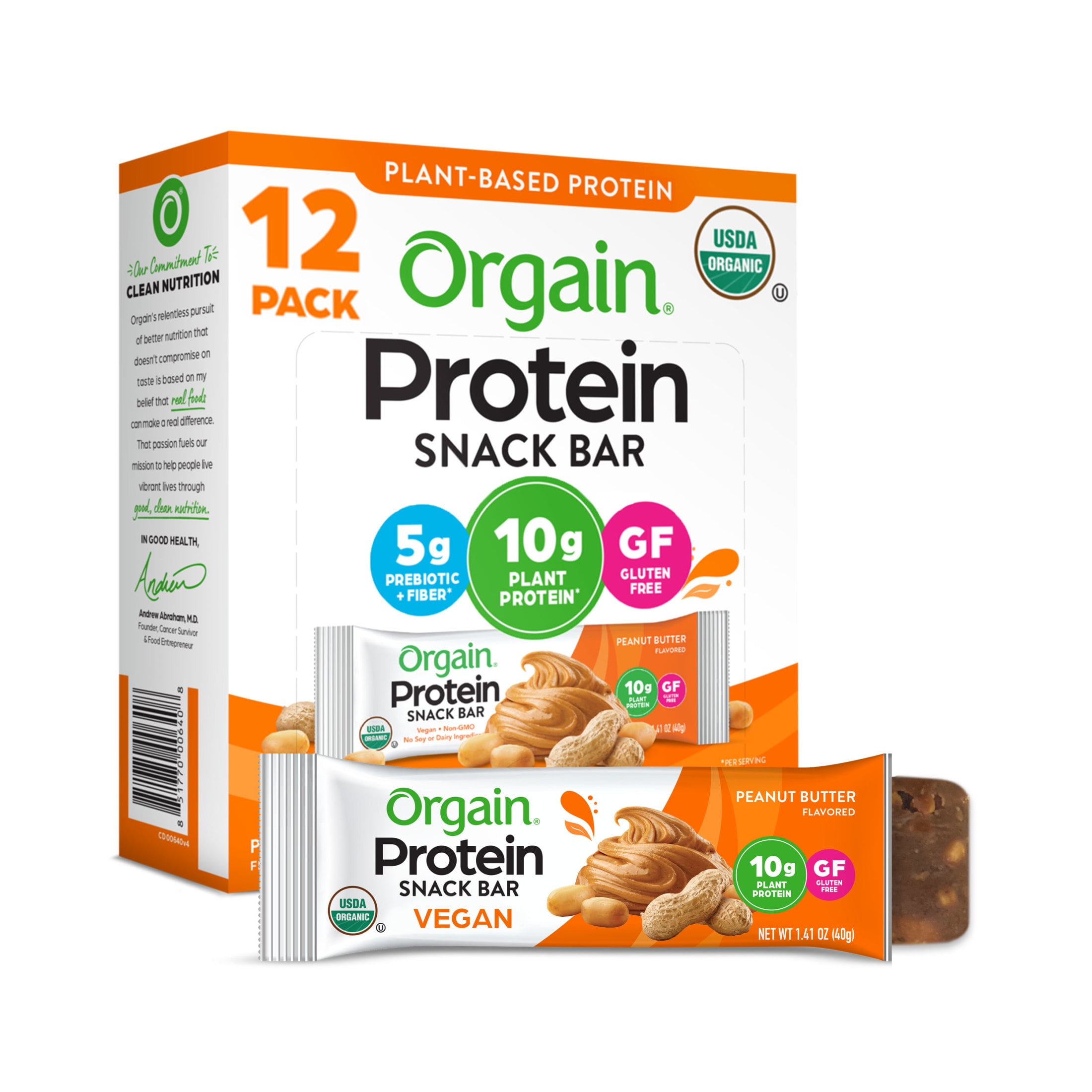 Orgain Organic Plant Based Protein Snack Bars, Peanut Butter, 16.9oz, 12ct