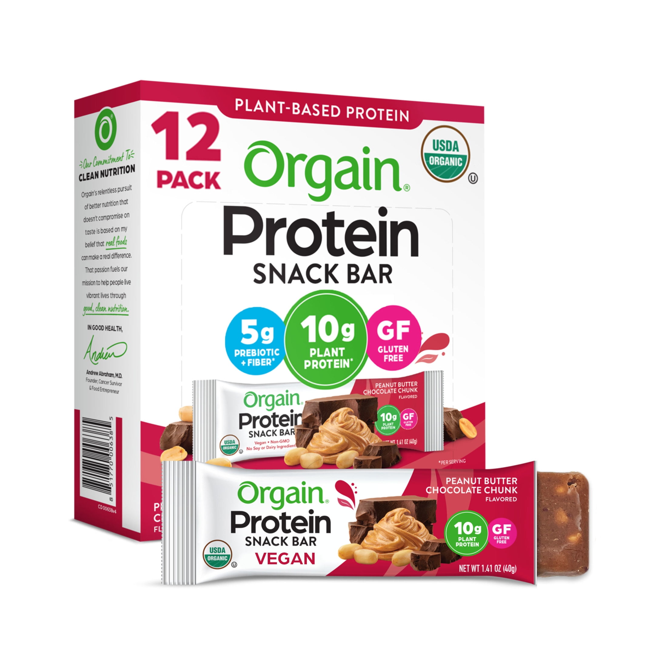 Orgain Organic Plant Based Protein Snack Bars, Peanut Butter Chocolate Chunk, 16.9oz, 12ct