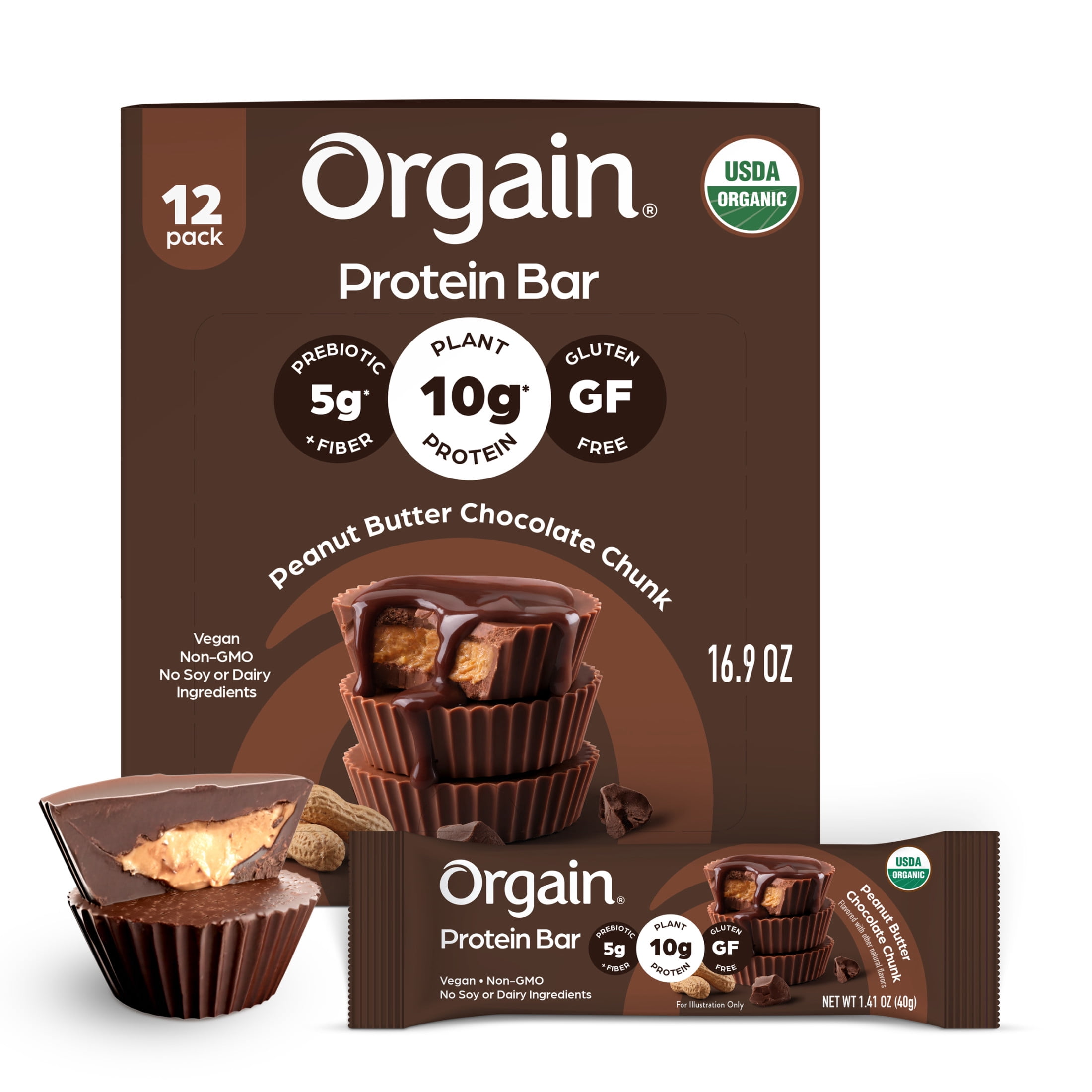 Orgain Organic Vegan Protein Snack Bars, Peanut Butter Chocolate Chunk, 1.41oz (Pack of 12)