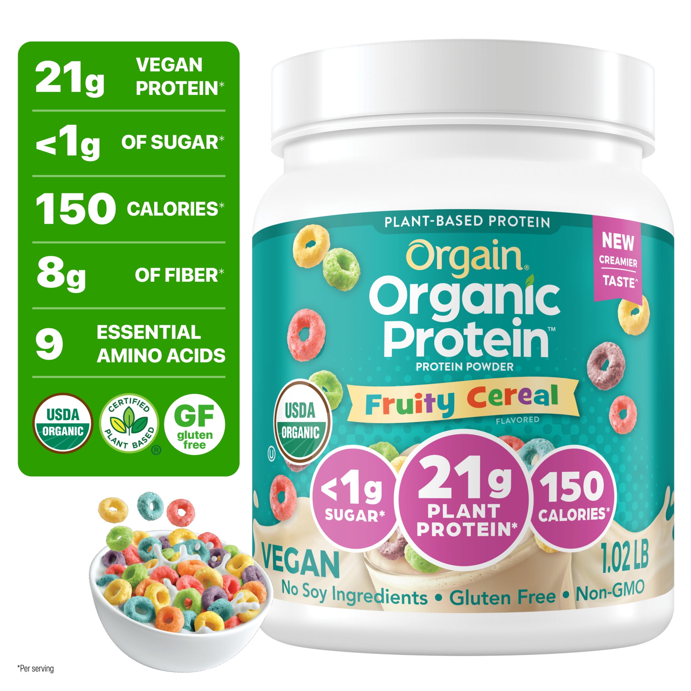 Orgain Organic Vegan 21g Protein Powder, Plant Based, Fruity Cereal 1.02lb