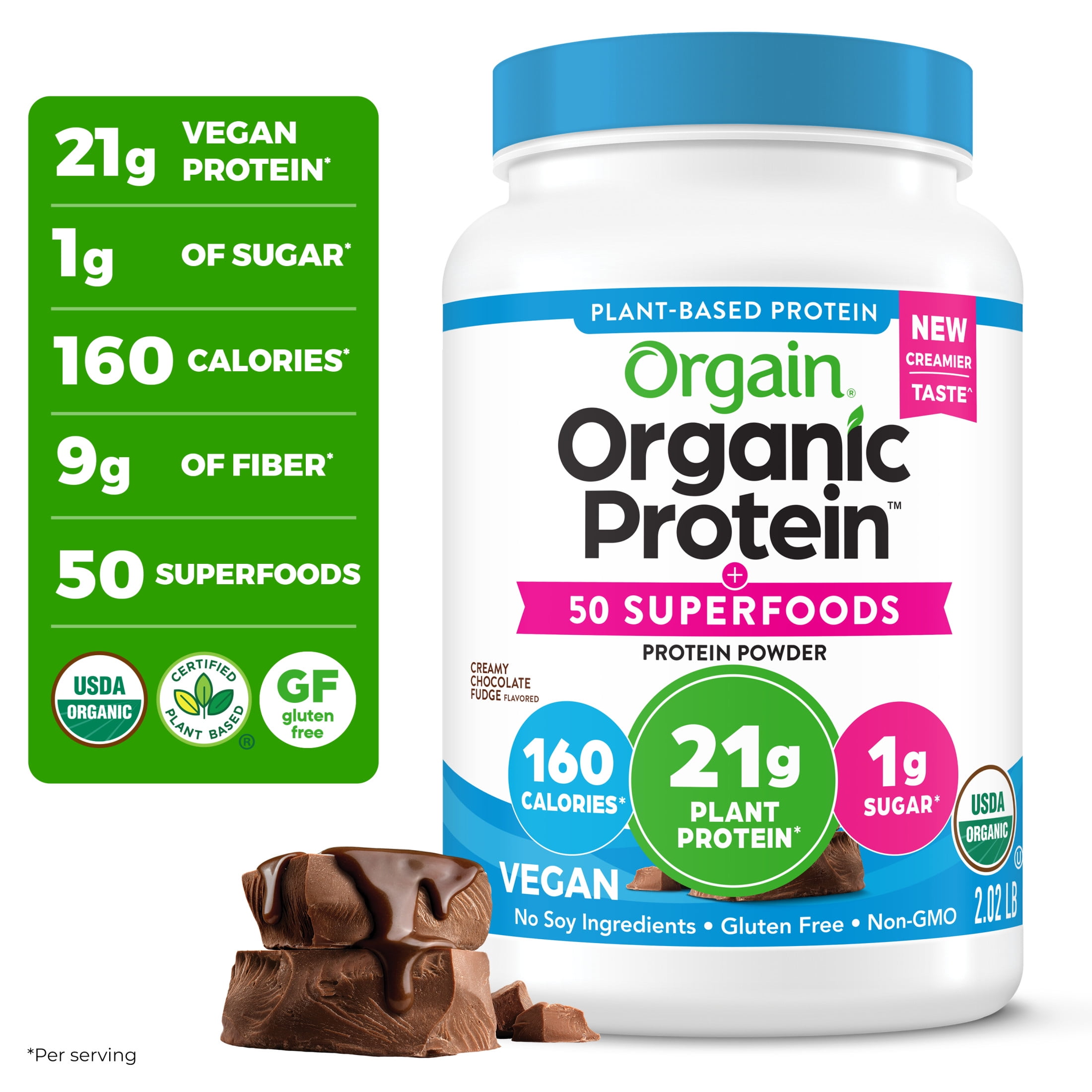 Orgain Organic Vegan 21g Protein + 50 Superfoods Powder, Plant Based Shake Drink, Chocolate 2.02lb