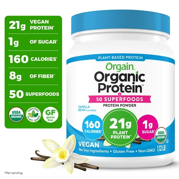 Orgain Organic Vegan 21g Protein + 50 Superfoods Powder, Plant Based Shake Drink, Vanilla Bean 1.12lb