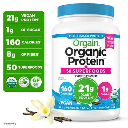 Orgain Organic Vegan 21g Protein + 50 Superfoods Powder, Plant Based Shake Drink, Vanilla Bean 2.02lb