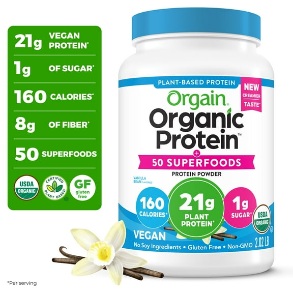 Orgain Organic Vegan 21g Protein + 50 Superfoods Powder, Plant Based Shake Drink, Vanilla Bean 2.02lb