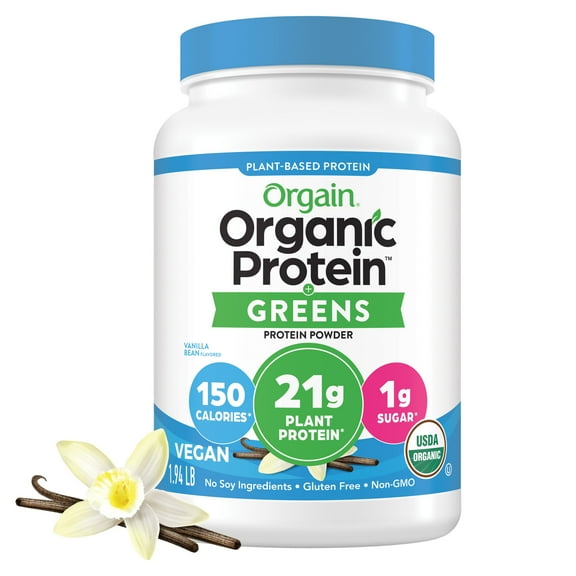 Orgain Organic Vegan 21g Protein & Greens Powder, Plant Based, Non-GMO, Vanilla 1.94lb