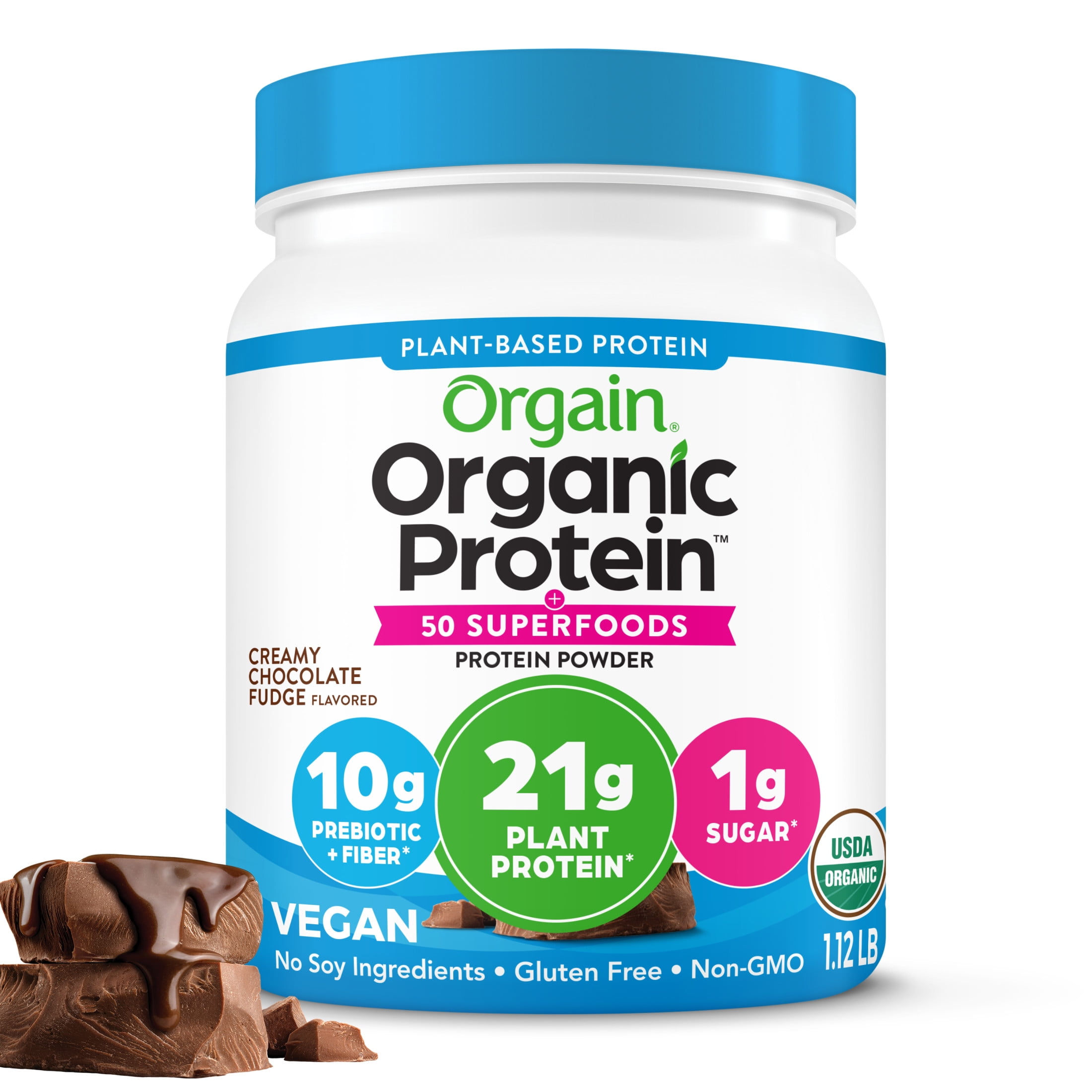 Orgain Organic Vegan 21g Protein Powder + 50 Superfoods, Plant Based Shake Drink, Chocolate 1.12lb