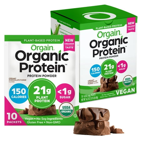 Orgain Organic Vegan 21g Protein Powder Packets, Plant Based Shake Drink, Travel Size, Chocolate, 10ct
