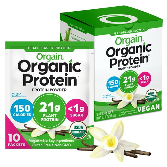 Orgain Organic Vegan 21g Protein Powder Packets, Plant Based Shake Drink, Travel Size, Vanilla, 10ct