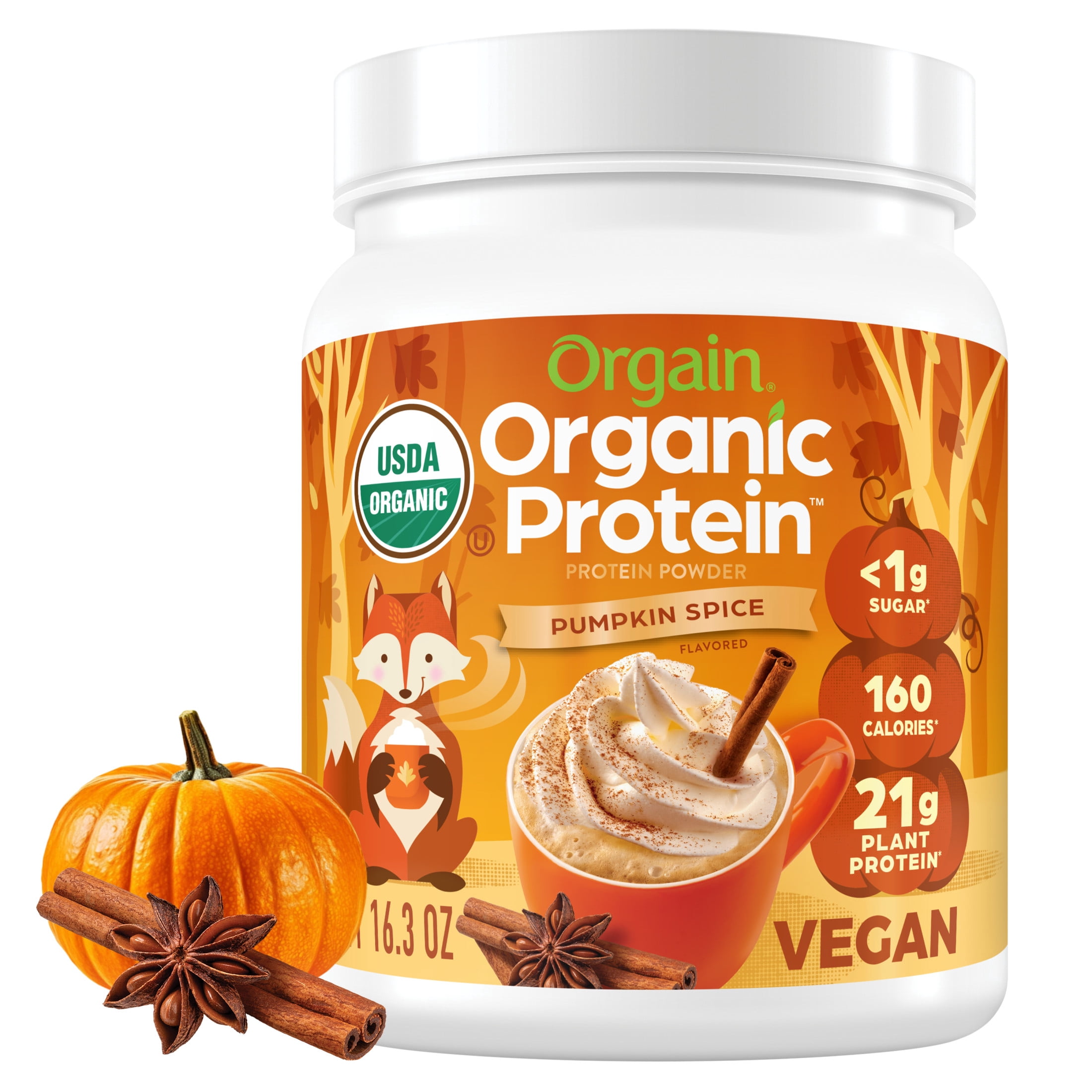 Orgain Organic Vegan 21g Protein Powder, Plant Based, Pumpkin Spice 1.02lb