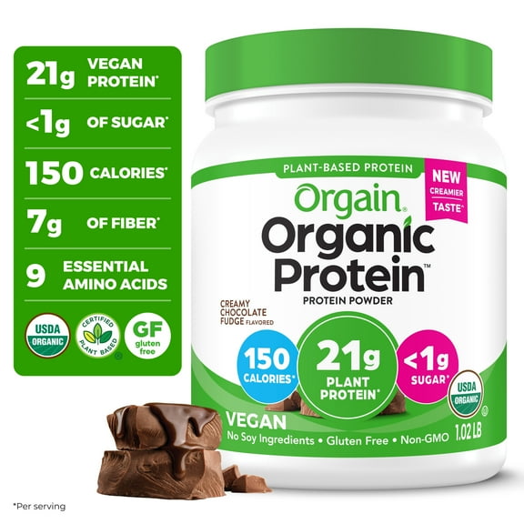 Orgain Organic Vegan 21g Protein Powder, Plant Based Shake Drink, Creamy Chocolate Fudge 1.02lb
